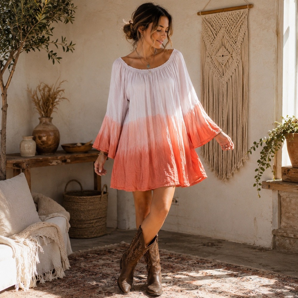 Ace Fashion Ombre Bell Sleeve Tunic Women Large Orange White Dip Dye Boho Top